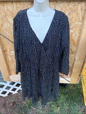 Trixxi Black Dress with White Dot Print - Long Sleeve V-Neck